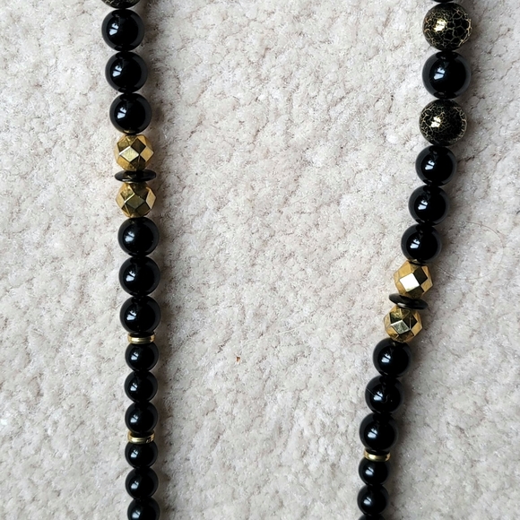 Vintage Gold Lace Black Agate Bead Graduated Round Necklace 24" - Picture 5 of 6